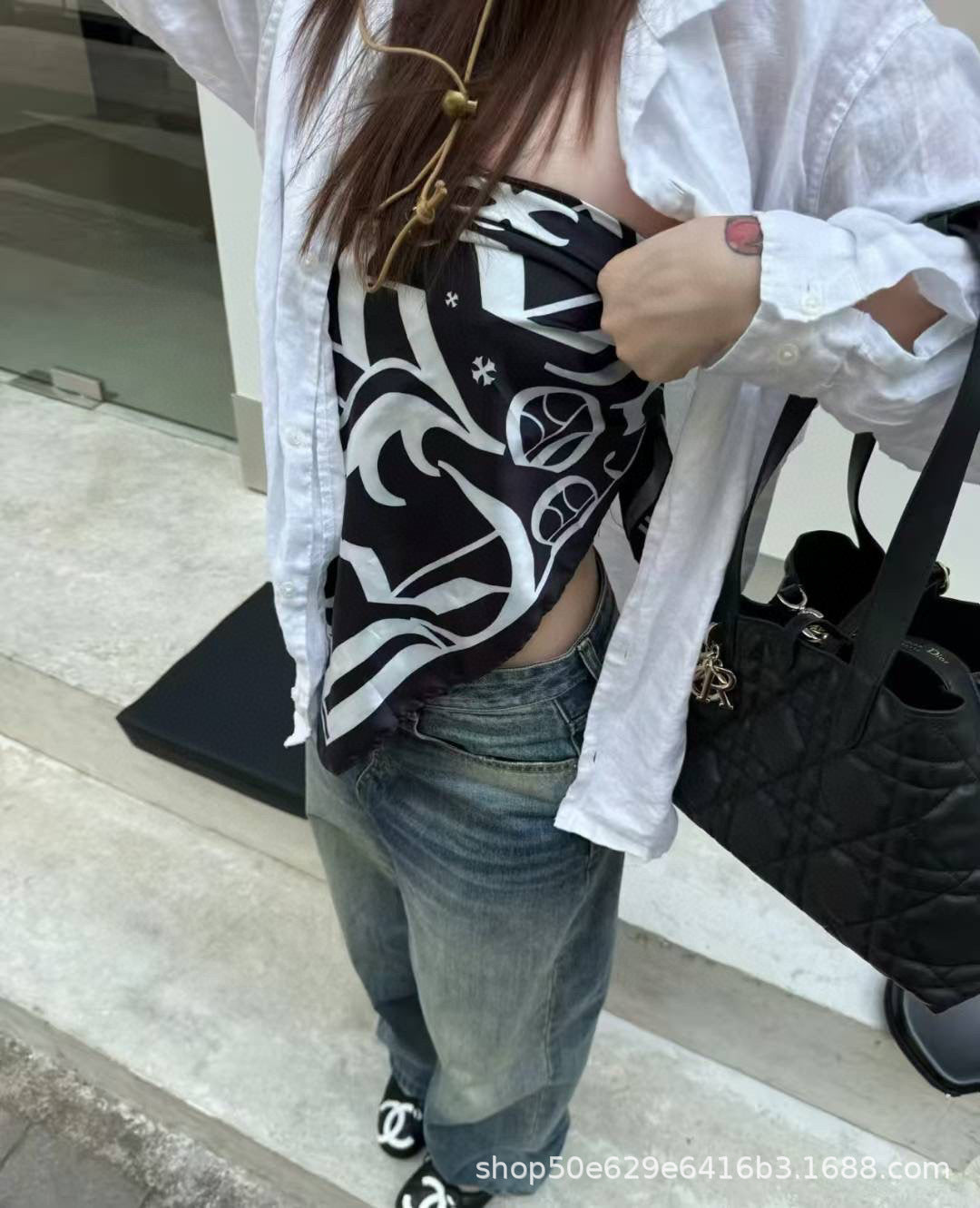 Chrome Hearts-Style All-Over Print Silk Bandeau Top