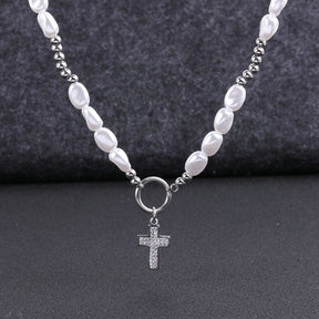 round pearl titanium steel cross necklace