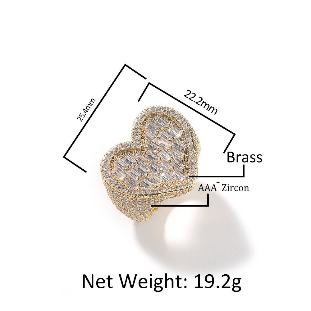 Hip-Hop T-Square & Heart-Shaped Zirconia Ring