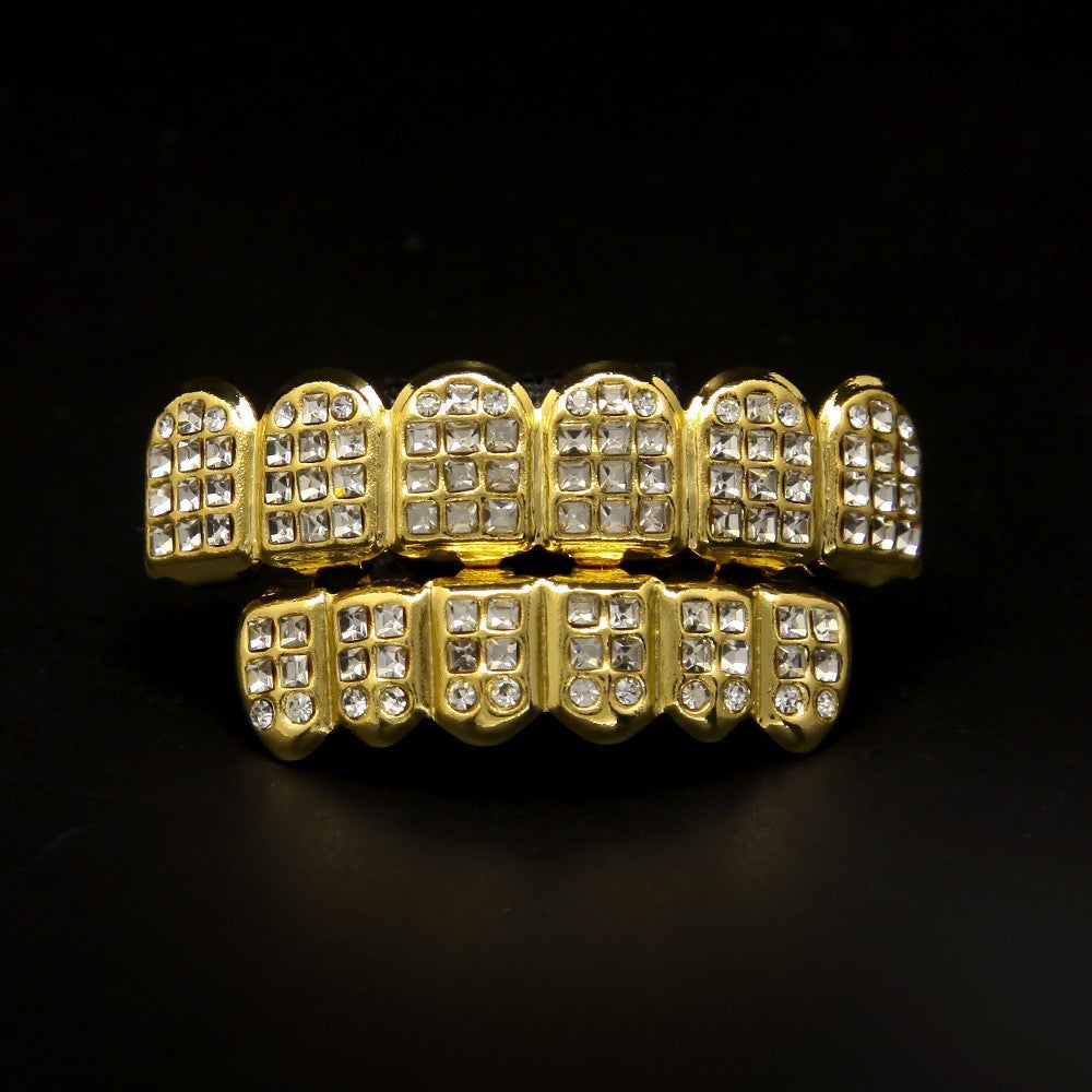 Hip-hop diamond-encrusted and gold-plated teeth grillz