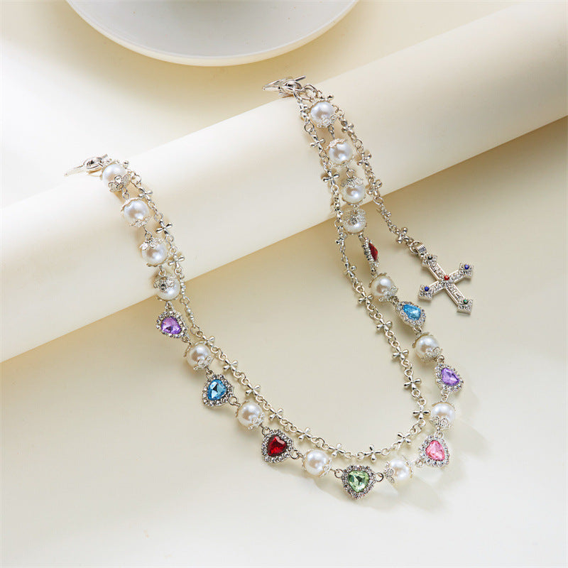 Multi-Color Gemstone, Pearl, and Cross Punk Waist Chain
