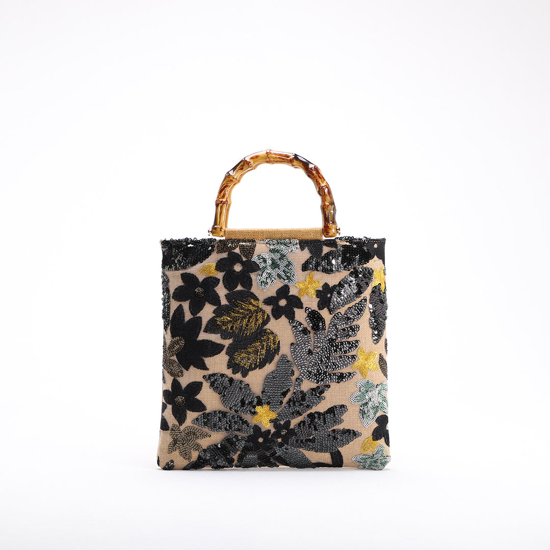 Embroidered sequins linen bamboo handle tote bag