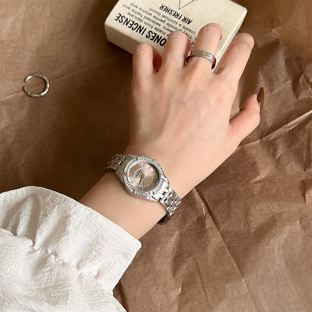 Exquisite Watch with Small Dial, Daisy Motif and Diamond Accents