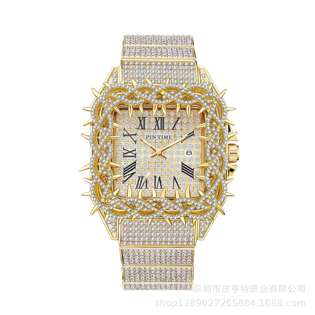 Square spiky dial, full diamond quartz watch