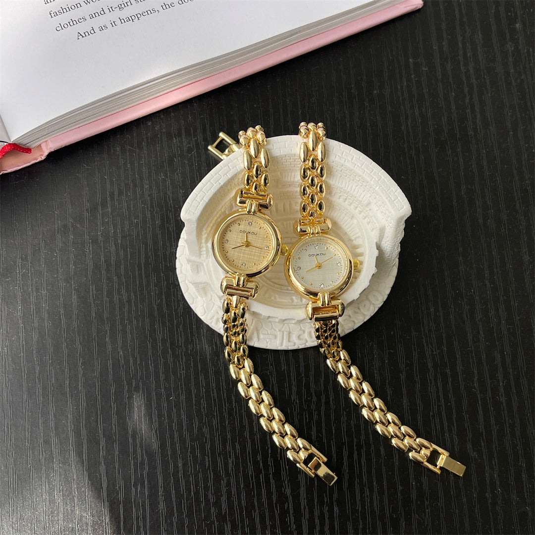 Round Dial Watch with Crystal Accents and Narrow Band