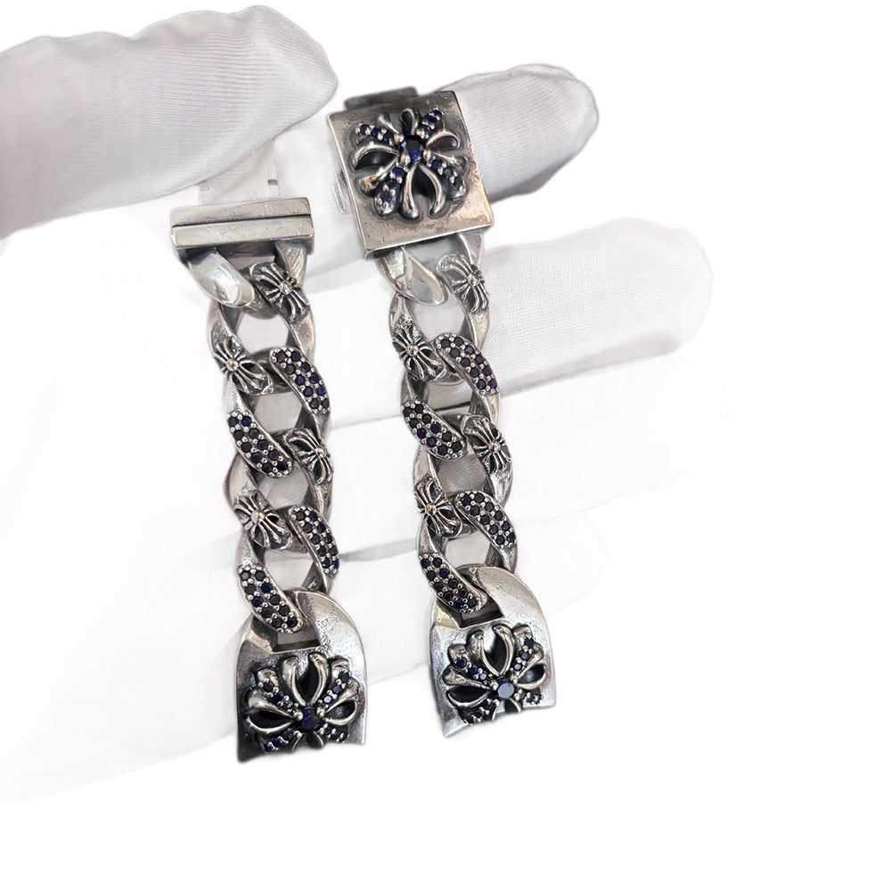 Chrome Hearts blue diamond-encrusted cross flower watch chain