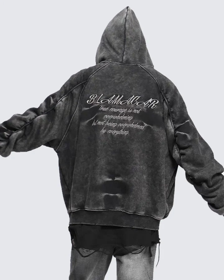 Distressed washed and pleated hooded sleeves