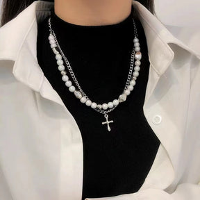 rosary necklace Reflective pearl cross necklace