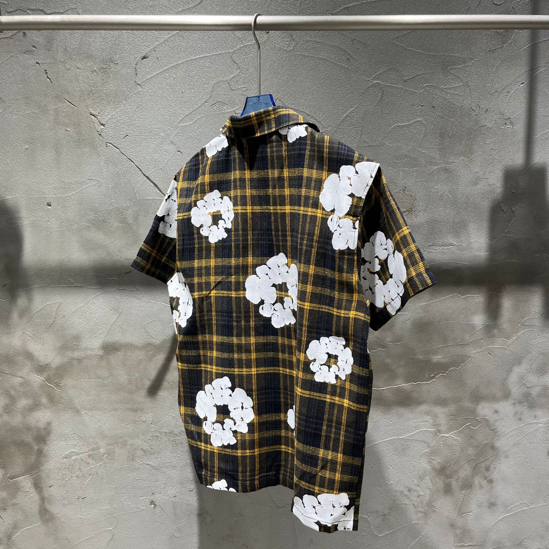 All-over print plaid short-sleeved shirt and shorts set
