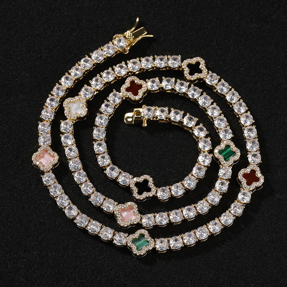 Hip-hop four-leaf clover diamond tennis chain necklace bracelet