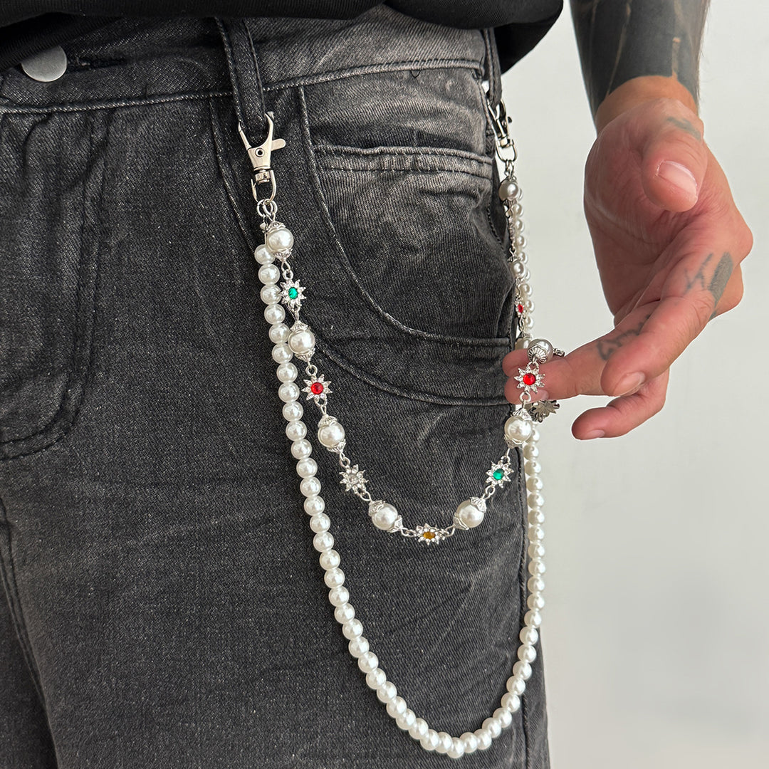 Pearl, Multi-Gemstone, Cross & Floral Pant Chain