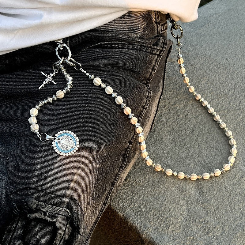 Round White Turquoise Beads with Cross Jesus Design waist chain