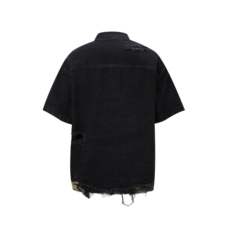 Raw-Hem Leopard-Print Patchwork Denim Shirt & Shorts Set