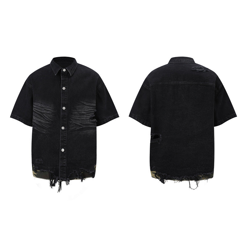 Raw-Hem Leopard-Print Patchwork Denim Shirt & Shorts Set