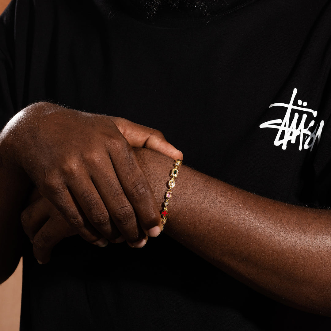 Hip-Hop Diamond-Encrusted 6mm Colored Gemstone Bracelet