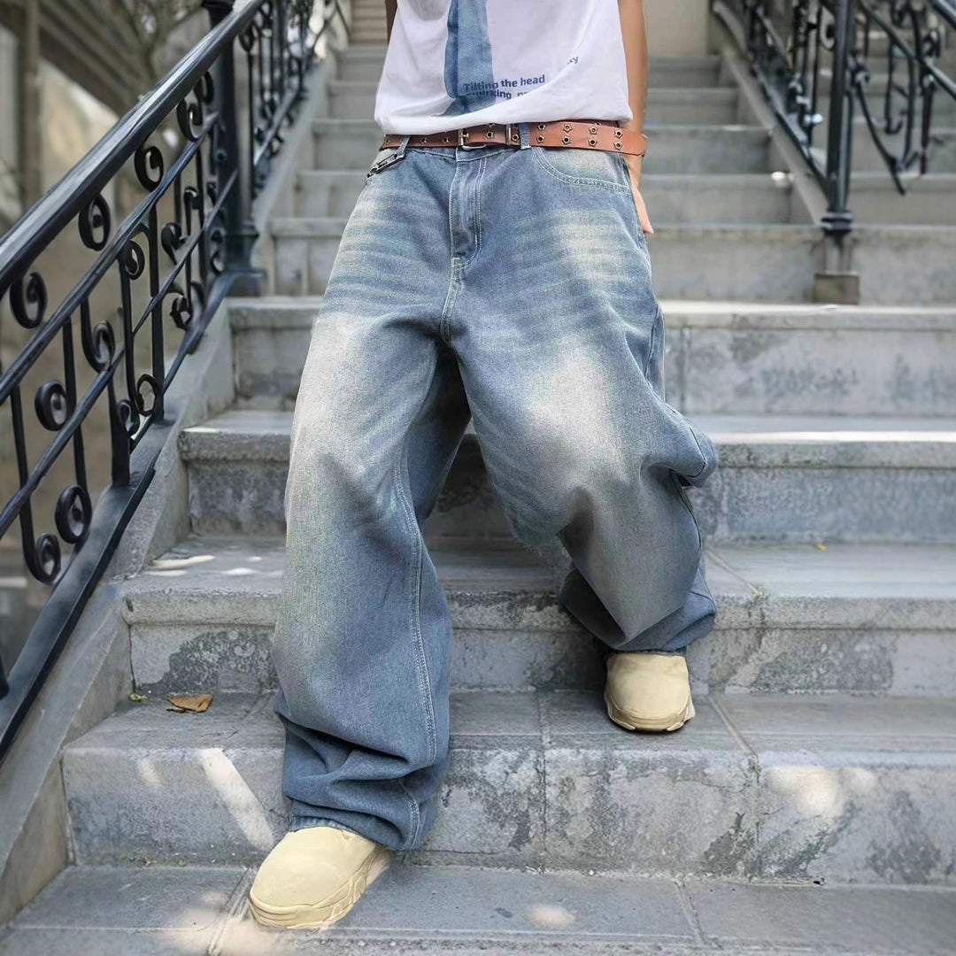 Washed Denim Jeans with a Loose Fit and Wide Legs