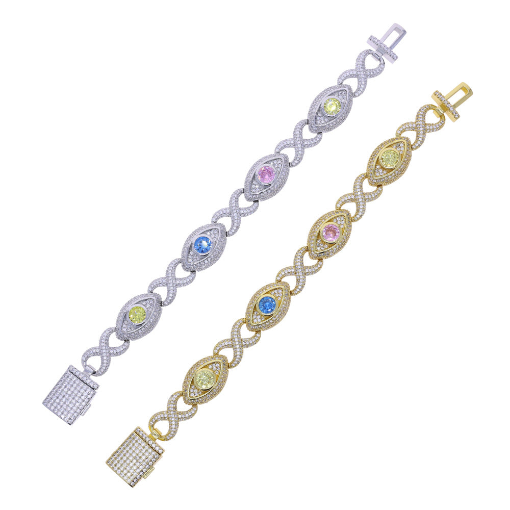 Eye-themed infinity bracelet with colored zircon, figure-eight chain