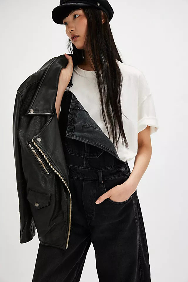 Washed Vintage, Loose-Fit, Straight-Leg Cargo Denim Overalls