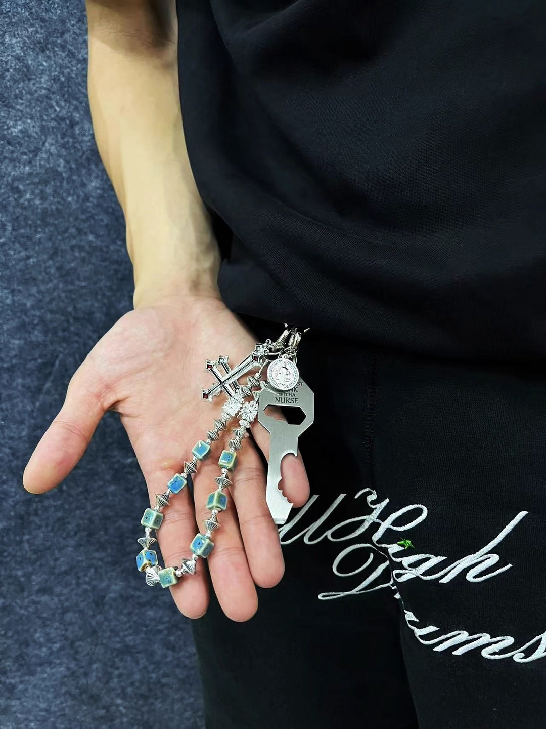 Vintage Blue Ceramic Bead Keychain with Cross Charms