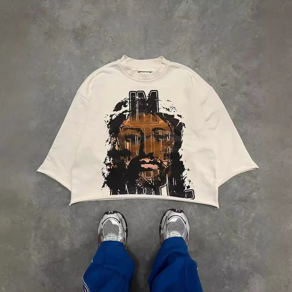 Graffiti print trendy T-shirt, three-quarter sleeve top