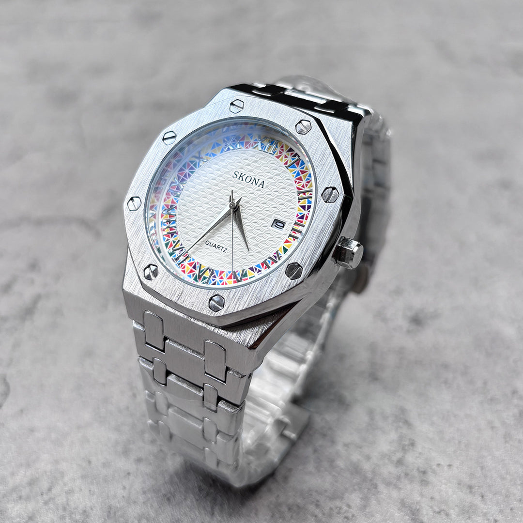 Stainless Steel Watch with Octagonal Bezel and Rainbow Roman Numerals