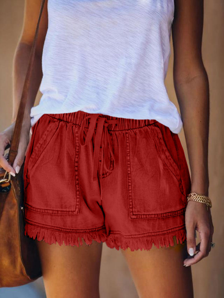 High-Waisted Denim Shorts with Elastic Waist and Fringed Hem