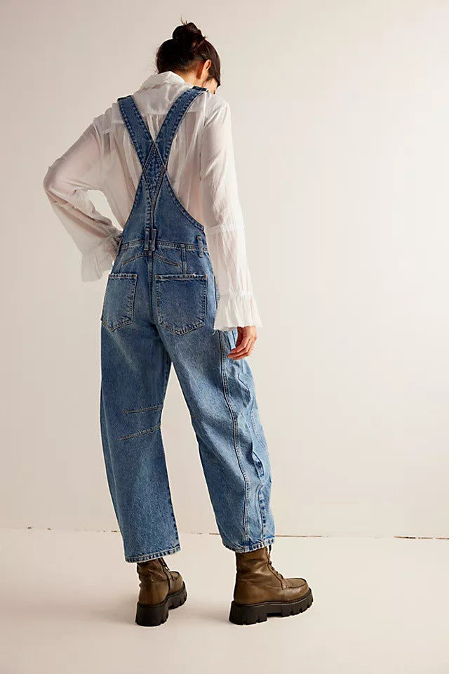 Washed Vintage, Loose-Fit, Straight-Leg Cargo Denim Overalls