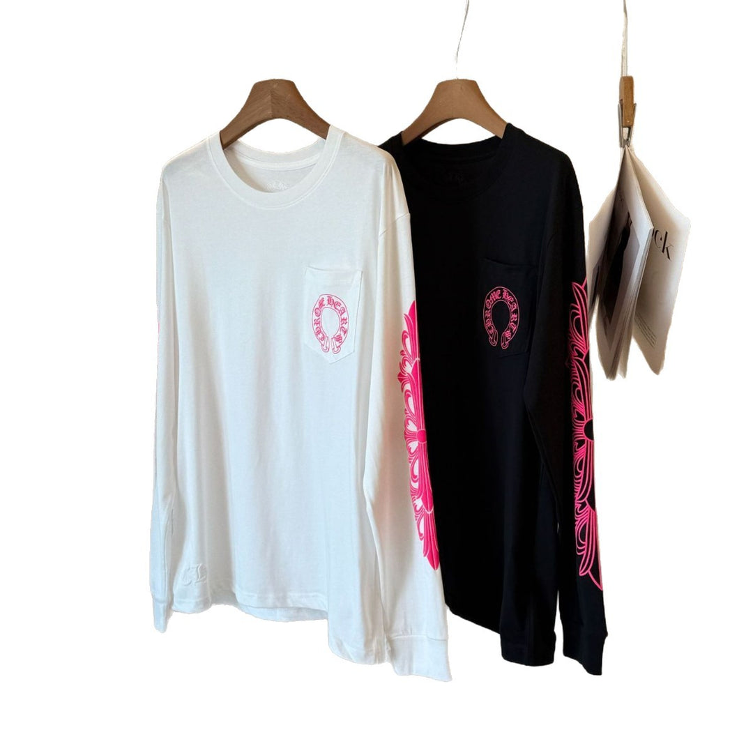 Chrome Hearts Pink Horseshoe Flower Sleeve Print T-Shirt