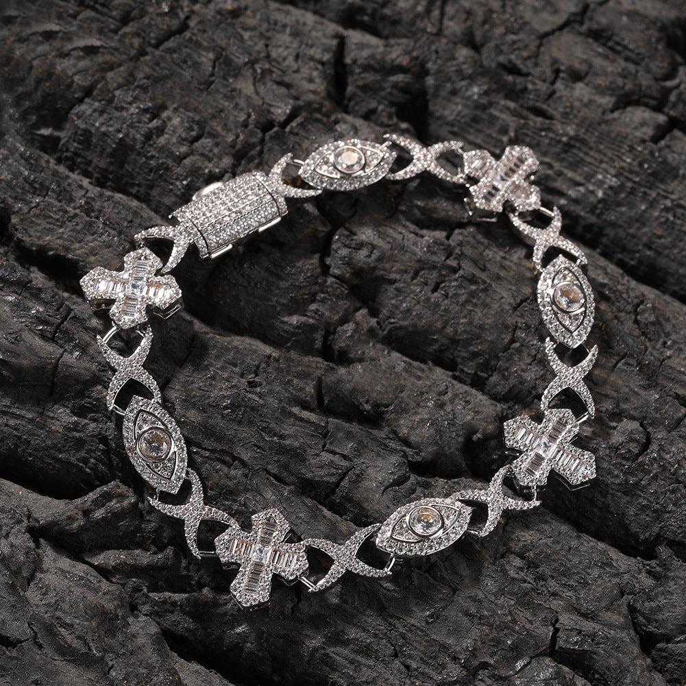 Hip-Hop Bracelet: Copper-Inlaid Zircon "Eye & Cross" Design