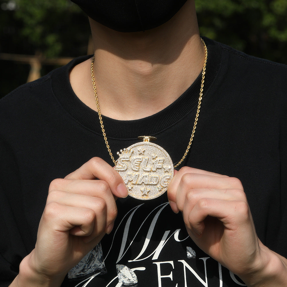 Self made hip-hop large diamond-encrusted disc necklace