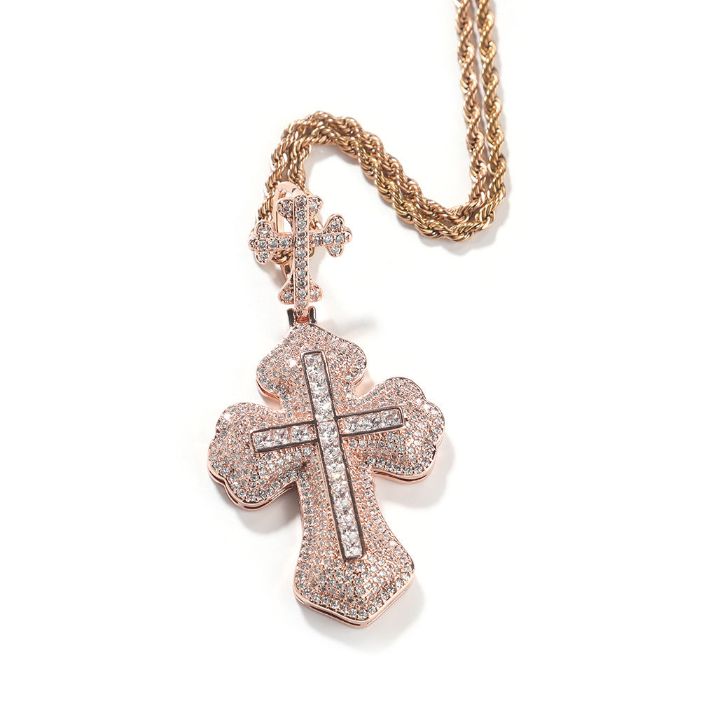 Hip-hop zircon-encrusted couple's necklace with large and small crosses