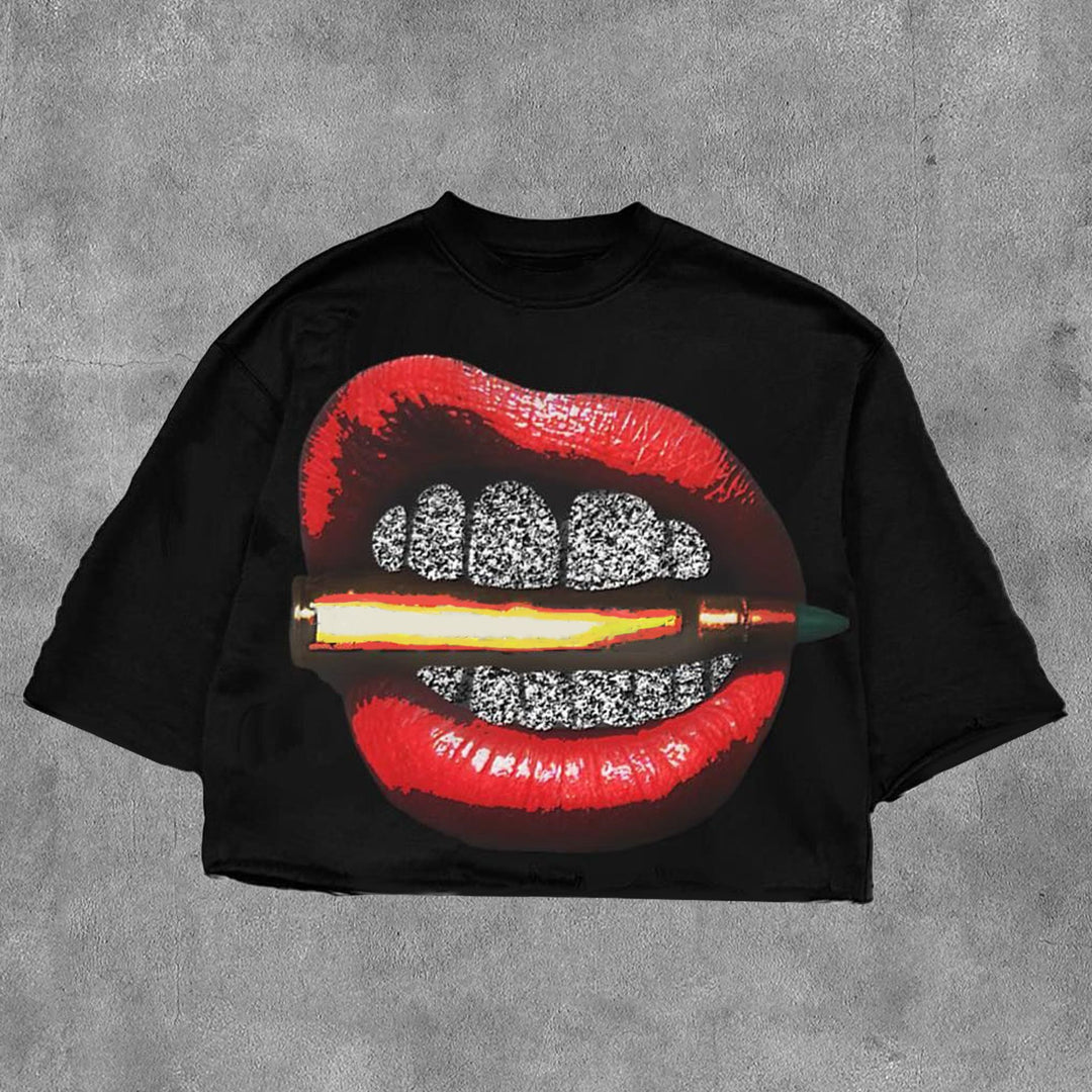 Graffiti print trendy T-shirt, three-quarter sleeve top