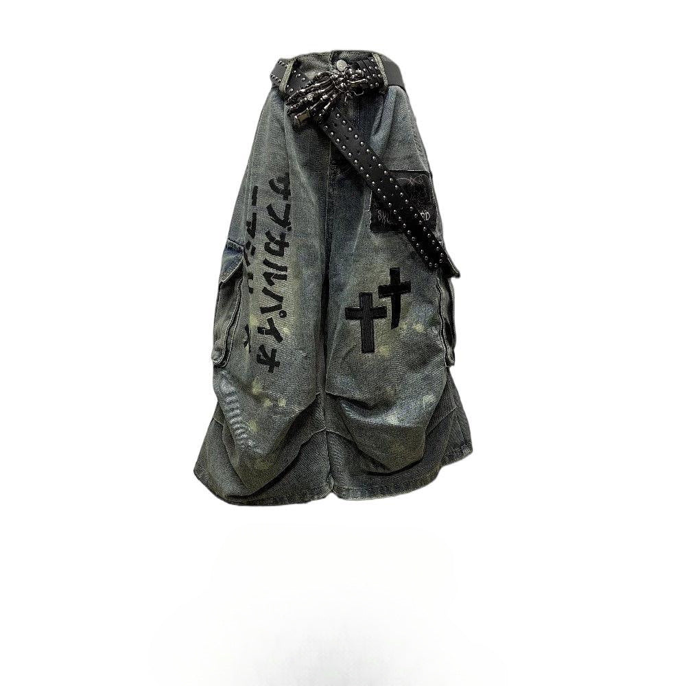 Dark Wasteland-Style Cropped Denim Jeans with Pleats and Patches
