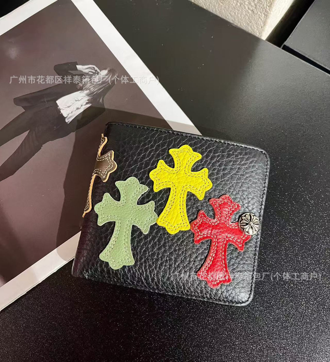 Chrome Hearts Leather Colorful Cross Patch Wallet