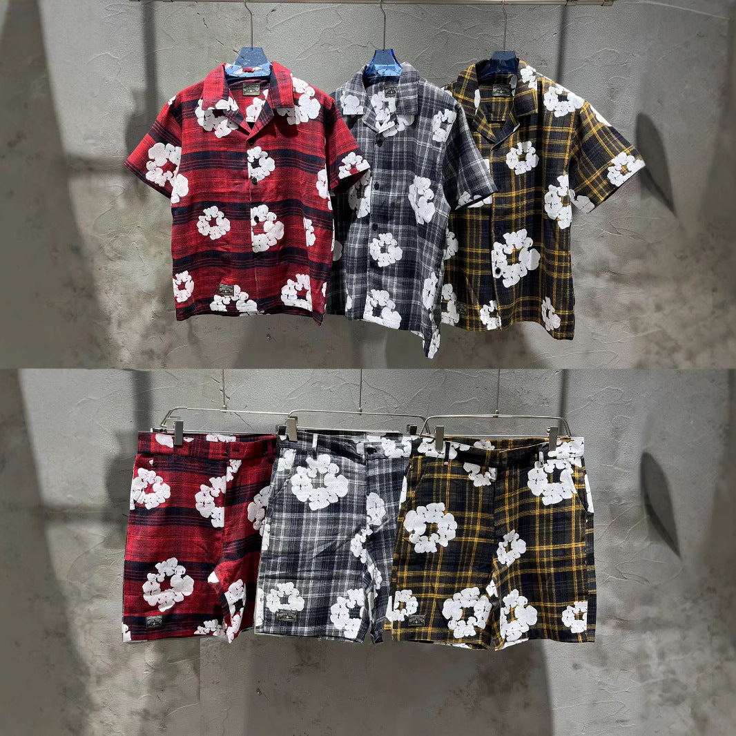 All-over print plaid short-sleeved shirt and shorts set
