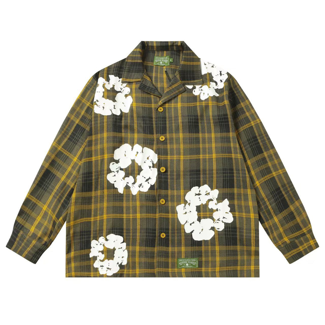 Kapok flower foam print plaid shirt set