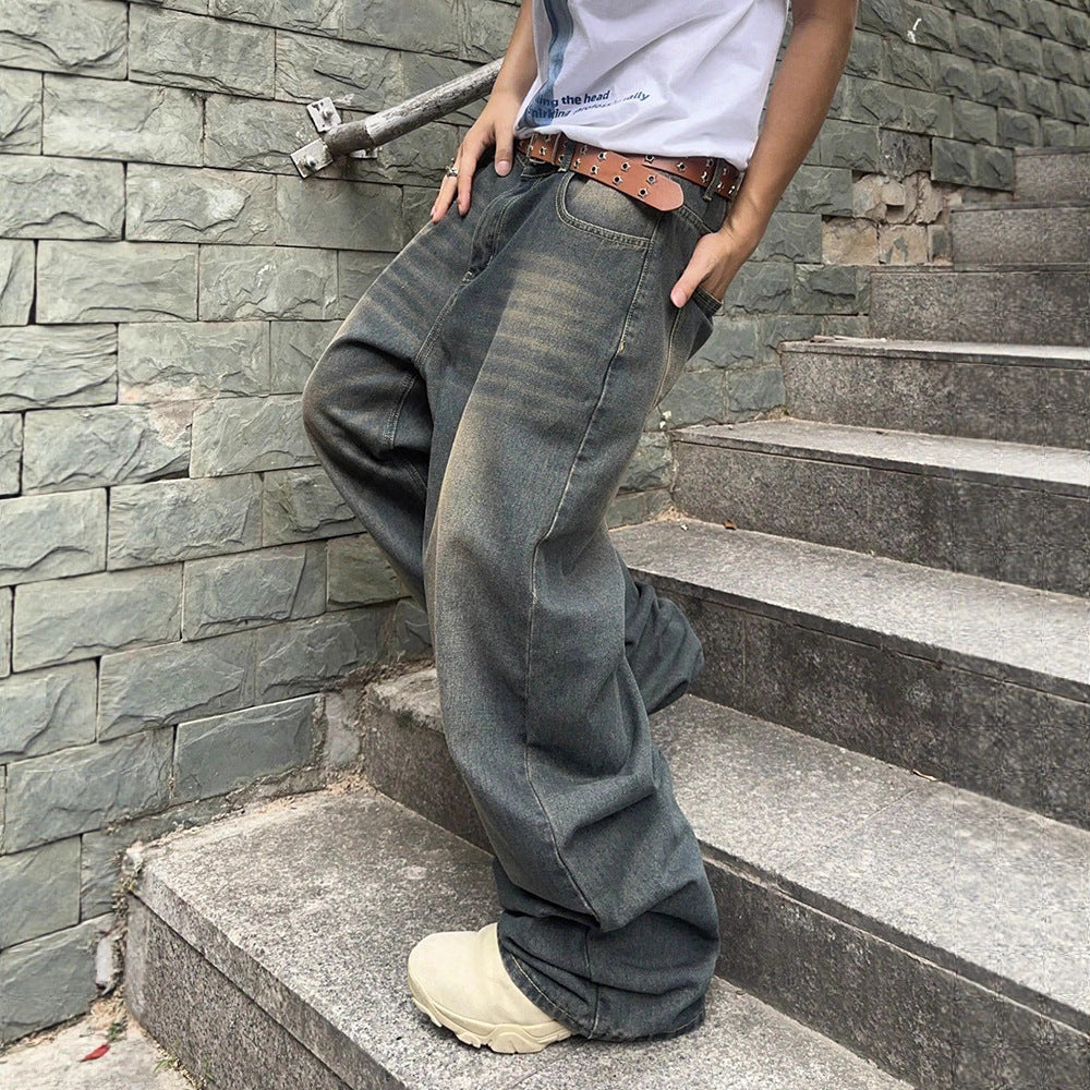 Washed Denim Jeans with a Loose Fit and Wide Legs