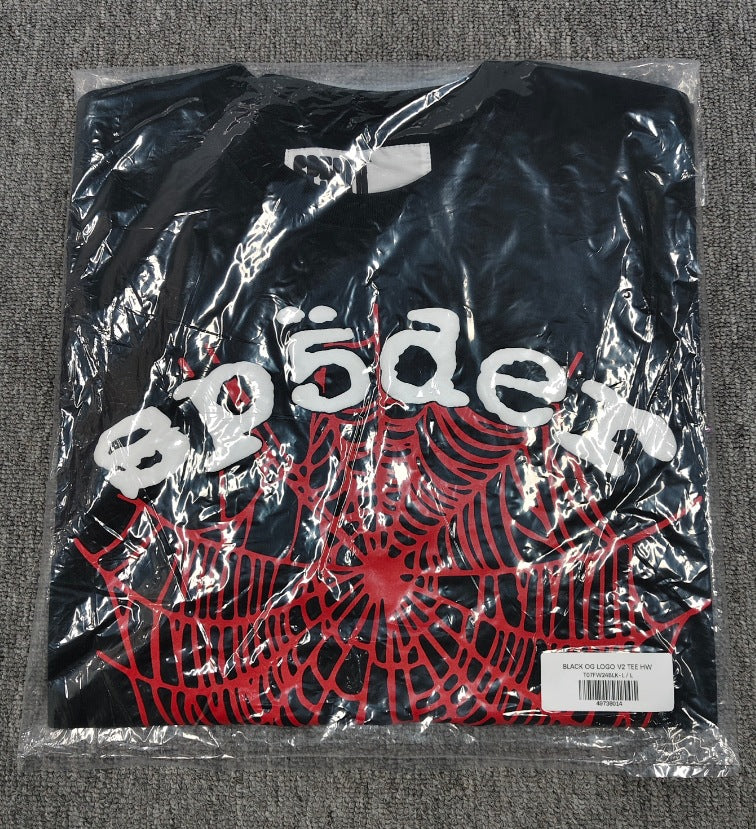 Hip-hop SP5der loose-fitting spider web T-shirt with lettering