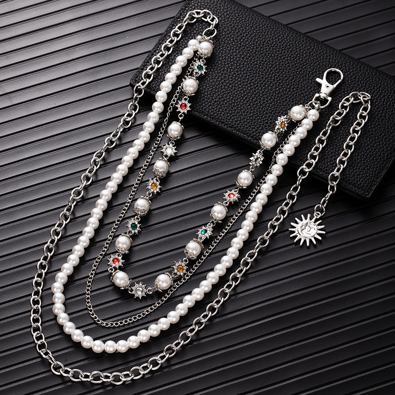 Rhinestone & Pearl Jewelry Set: Bracelet, Necklace, and Waist Chain