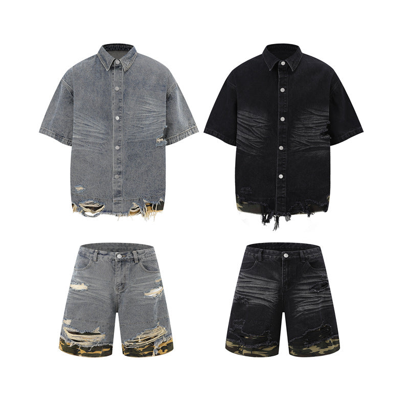 Raw-Hem Leopard-Print Patchwork Denim Shirt & Shorts Set