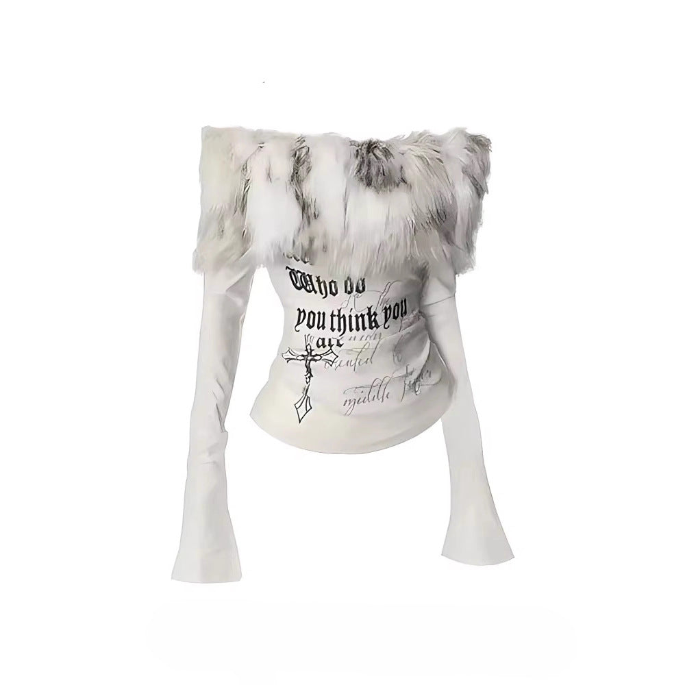 Hot Girl Fur Collar Off-Shoulder Long-Sleeve T-Shirt for Women