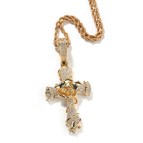 Copper set 5A zirconia rose cross pendant necklace