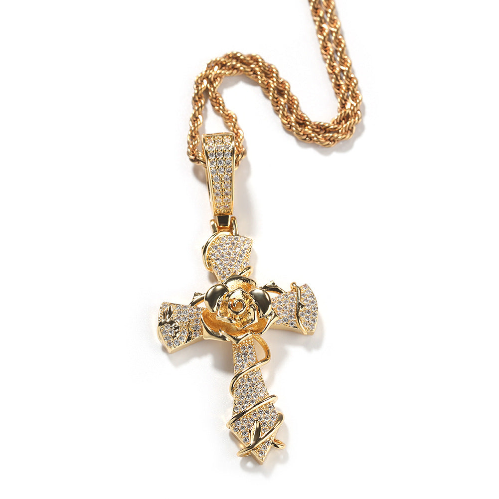 Hip-hop rose cross necklace with 5A zircon inlay