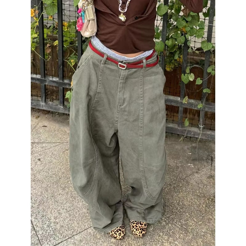 Y2K Plus Size Washed Curved Blade Wide-Leg Pants