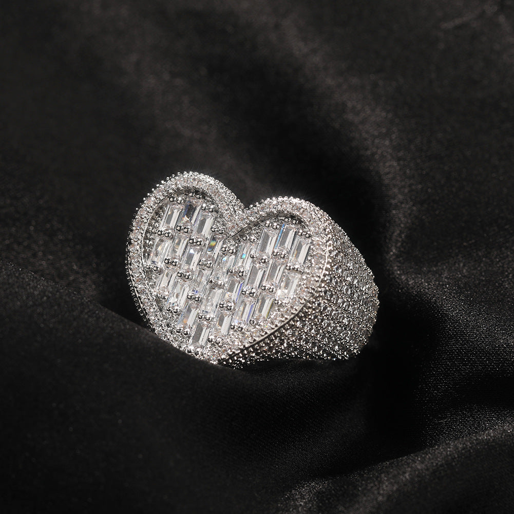 Hip-Hop T-Square & Heart-Shaped Zirconia Ring