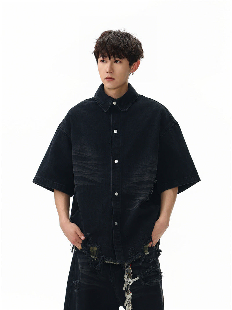 Raw-Hem Leopard-Print Patchwork Denim Shirt & Shorts Set