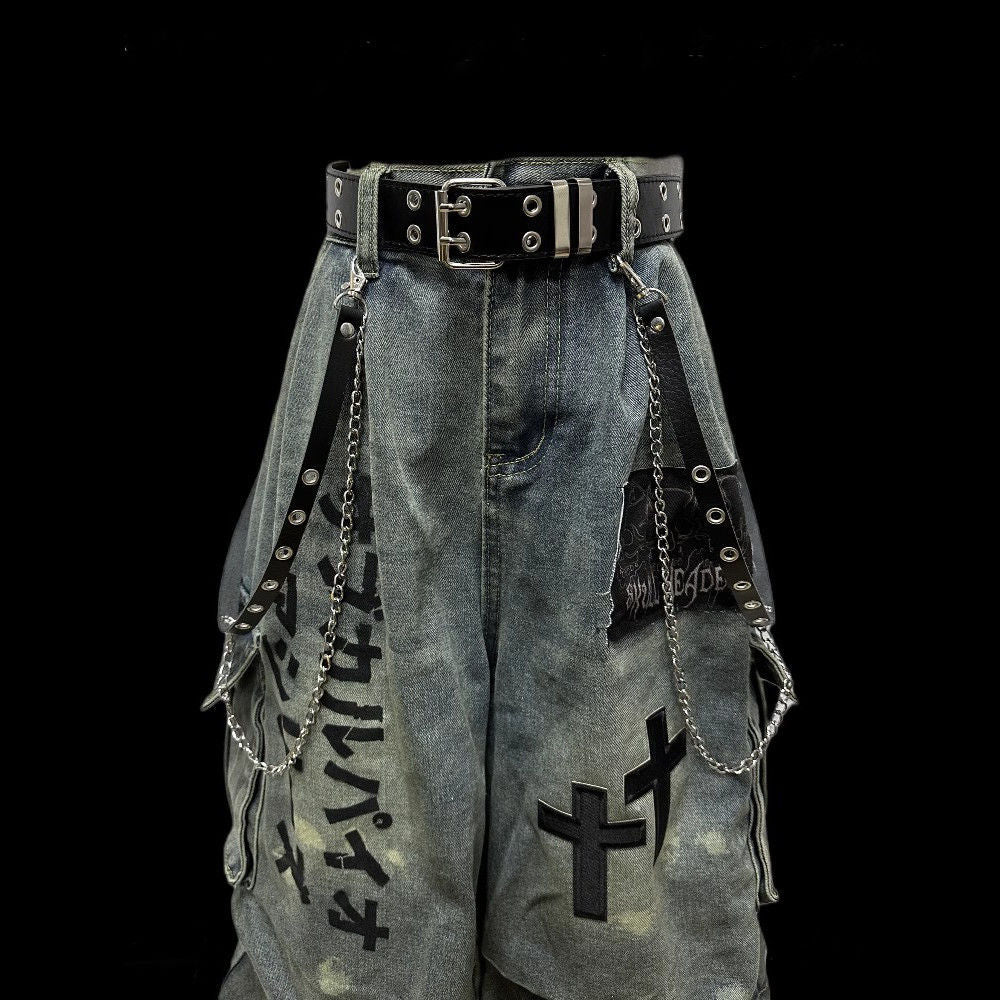 Dark Wasteland-Style Cropped Denim Jeans with Pleats and Patches