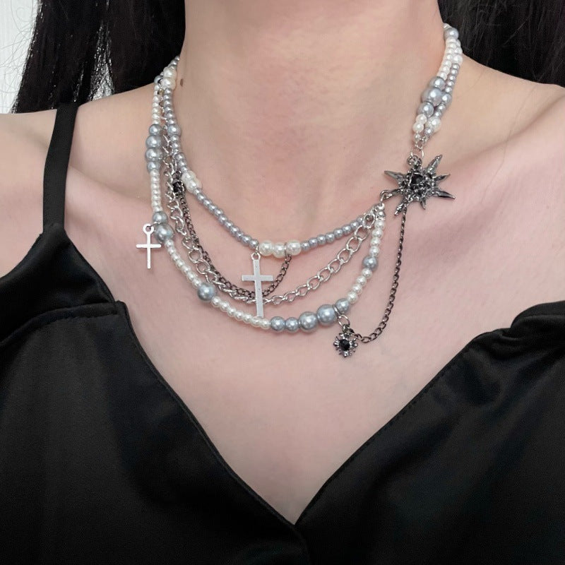 Cross star-shaped pearl multi-layered necklace