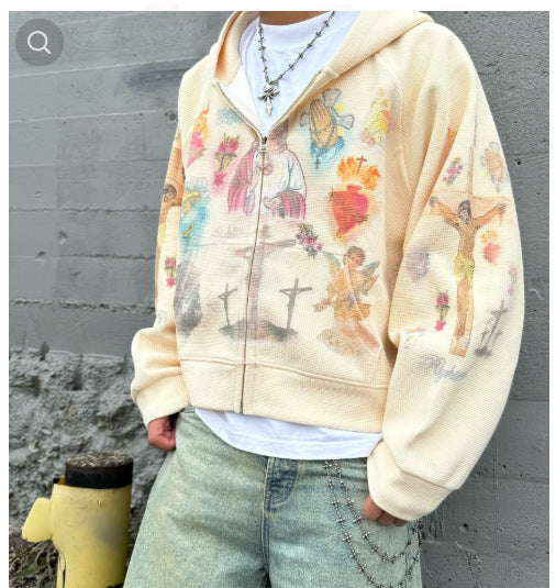 RIGHTEOUS Jesus Cross Cartoon Hooded Zip-up Sweatshirt