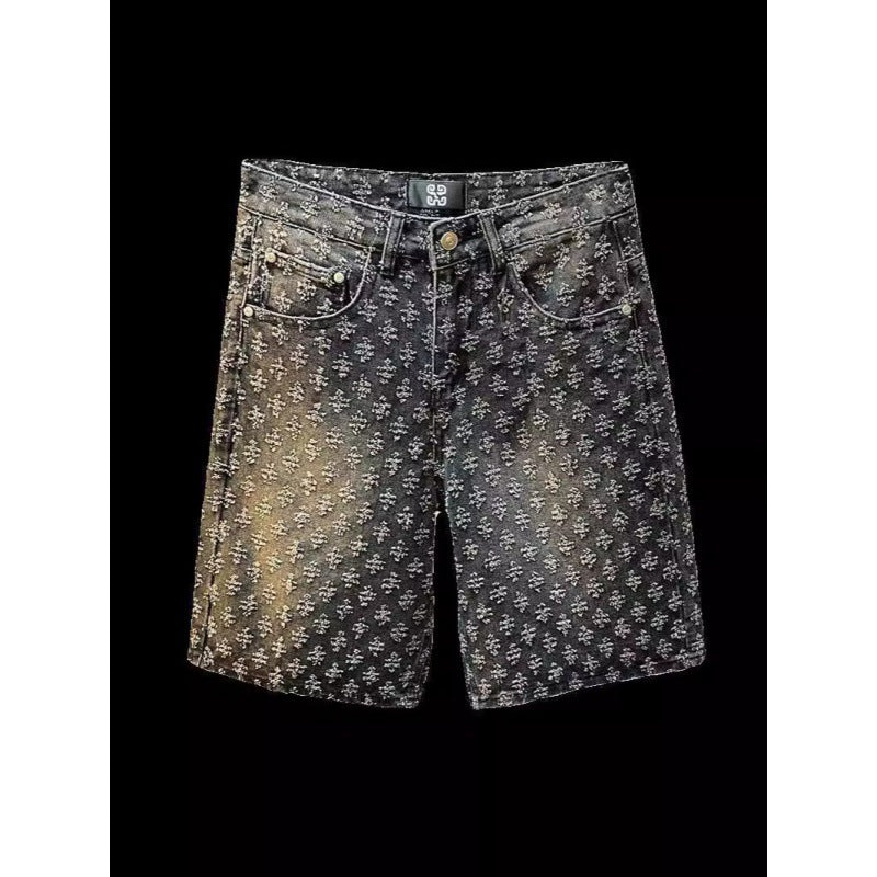 Loose Straight Leg Ripped Jacquard Five-Point Shorts